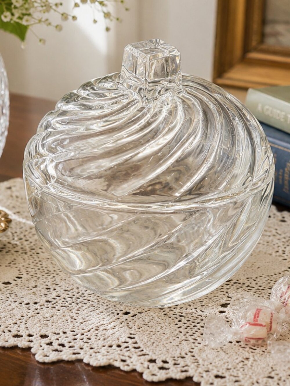 Vintage Federal Glass Optic Swirl Covered Candy Dish Clear Glass Lidded Jar 6.5"